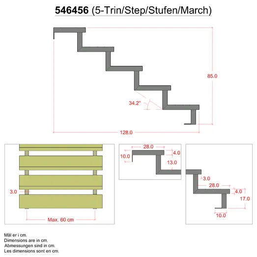 Plus 34,2° Trappevange 5 trin m/beslag  Trindybde 28 cm