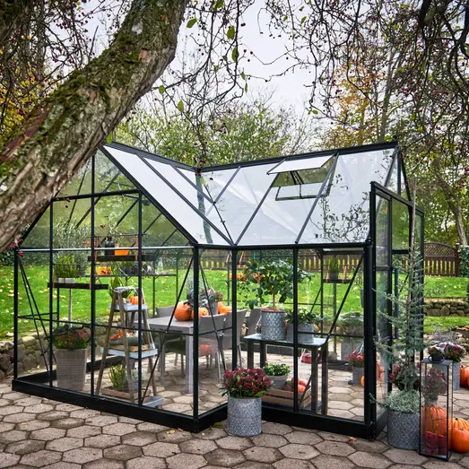 Halls ICON Gardenhouse 8  9,7m² sort m/3 mm hærdet glas og fundament