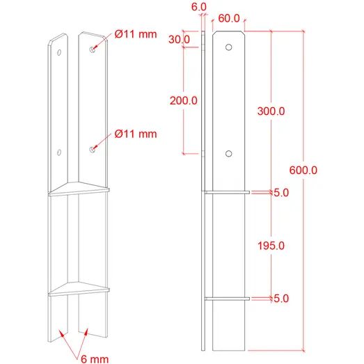 Plus Hjørne Stolpefod 60 cm  9x9 cm stolper  til nedstøbning  m/skruer