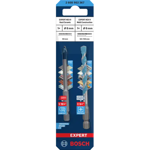 Bosch EXPERT HEX-9 Hard Ceramic + HEX-9 Multi Construction bor, 8 mm