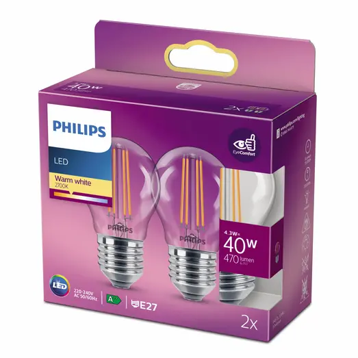 Philips Krone LED pære E27 40W 2 pack