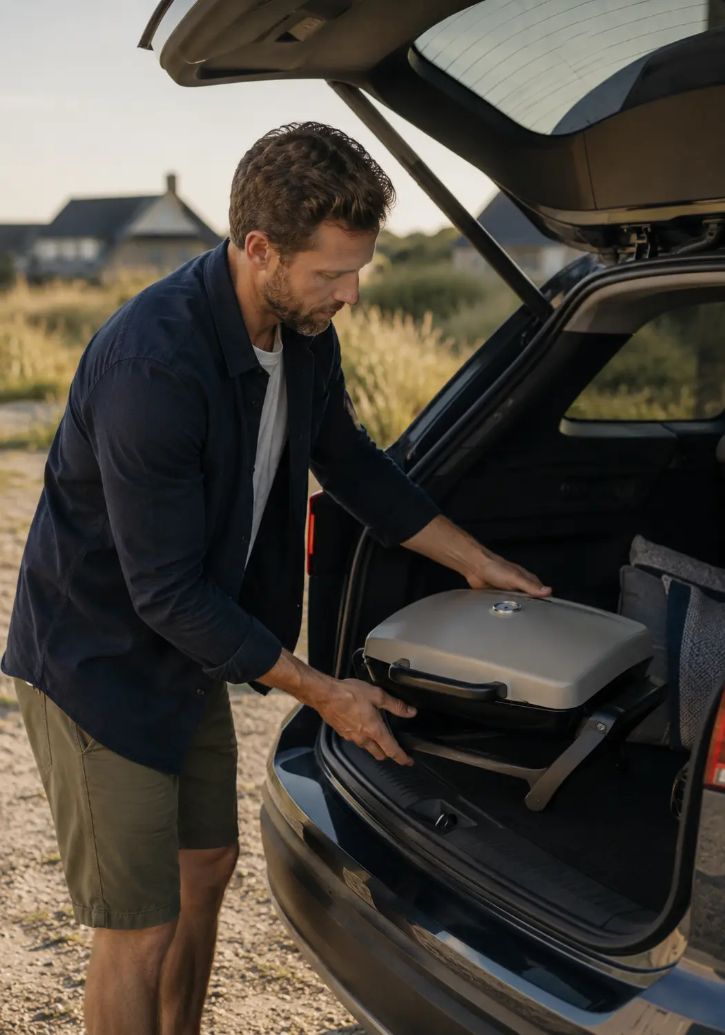 mand lægger transportabel grill i bil
