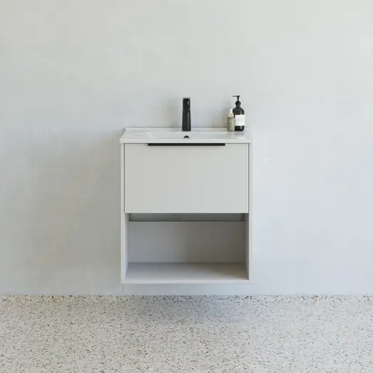 Scanbad NOW vaskeskab m/én skuffe og åbent rum 65,8x45,5 mat sand stribet front