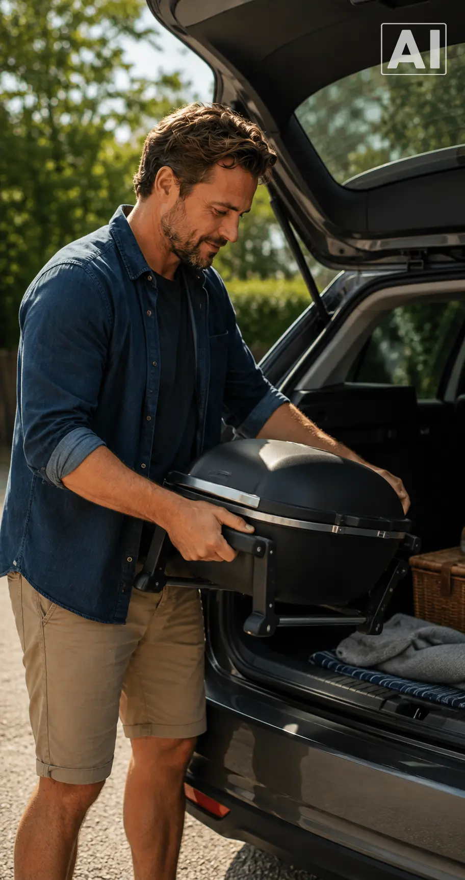 mand smider transportabel kulgrill i bil