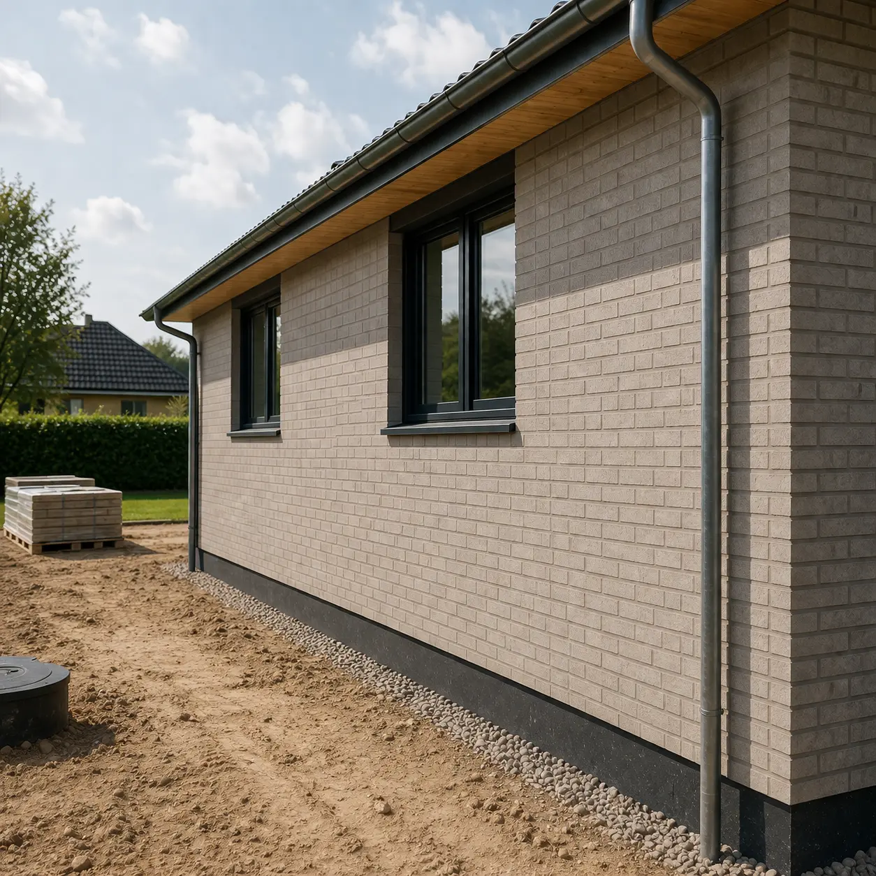 hus med hvid murstensfacade