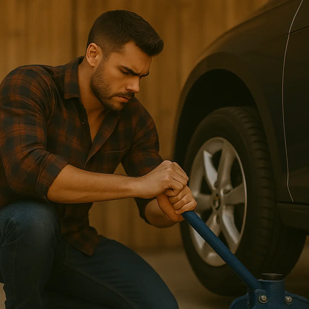 mand løfter bil med hydraulisk donkraft