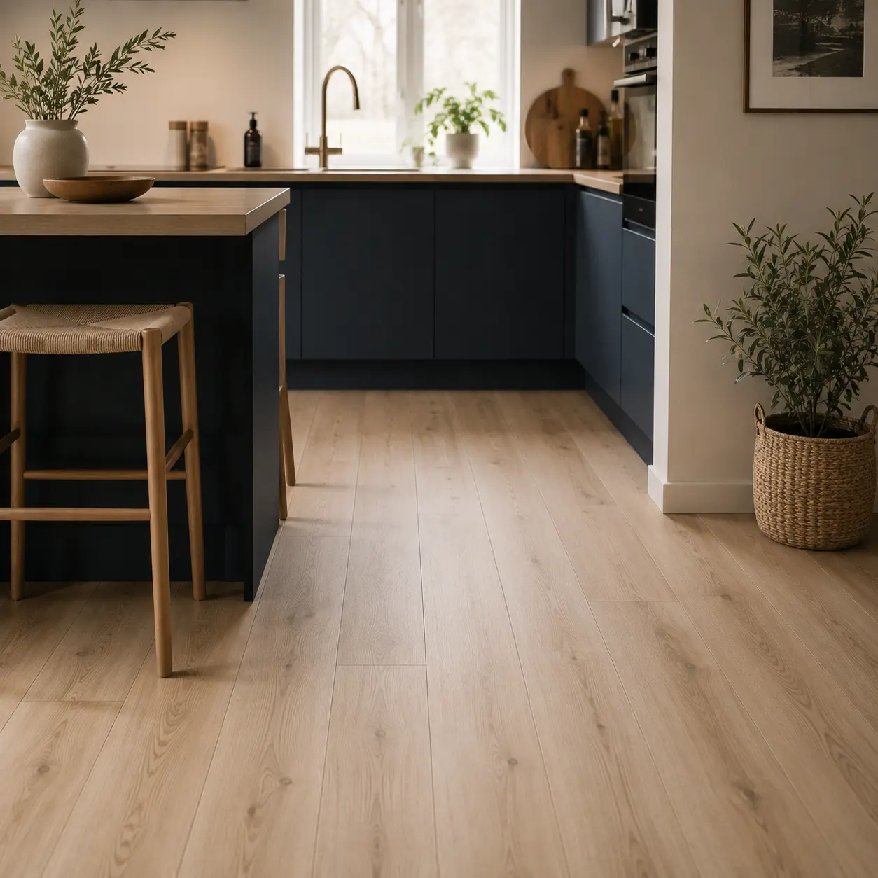 køkken med lyst laminatgulv