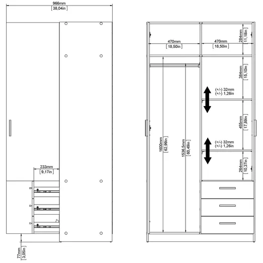 Sprint garderobeskab m/2 låger og 3 skuffer mat grå