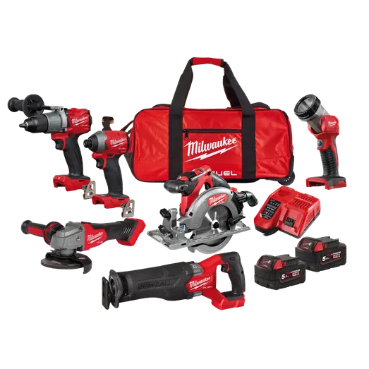 Milwaukee M18 FPP6K2-502B powerpack inkl. slag-/skruemaskiner, bajonetsav, 125mm vinkelsliber og 55mm rundsav inkl. batteri og lader