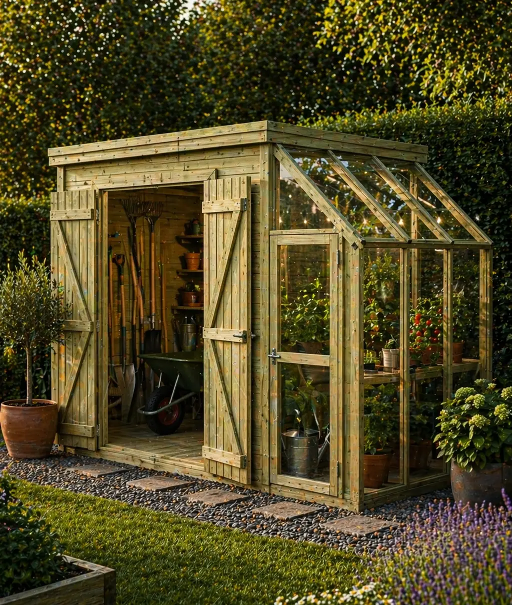 skur med integreret drivhus