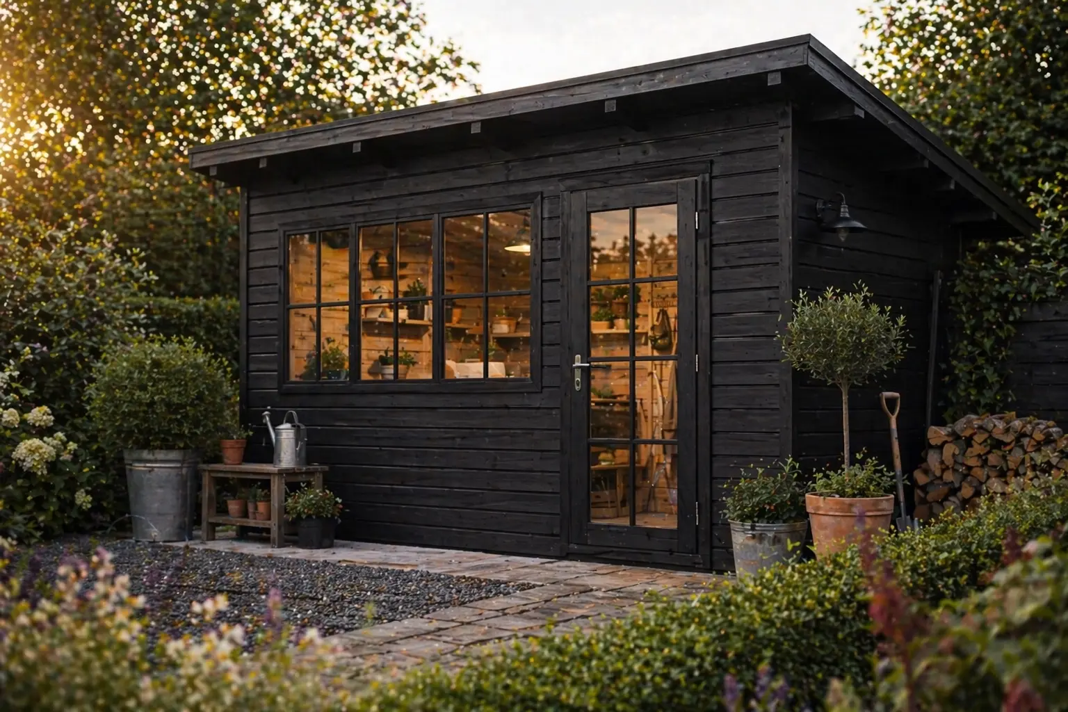 sortmalet skur med vinduer