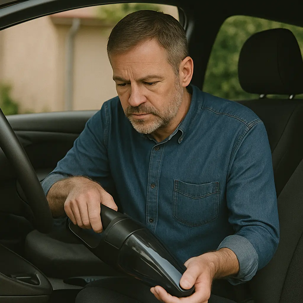 støvsugning af bil med håndstøvsuger