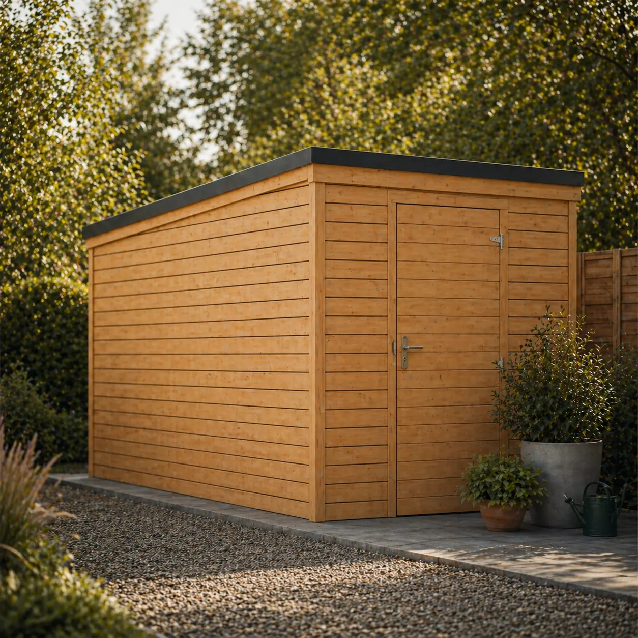 skur med vandret træbeklædning