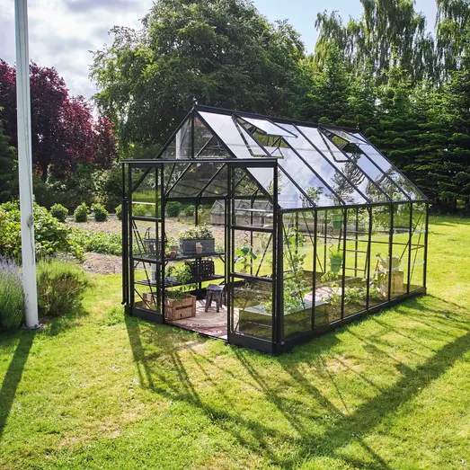 Halls ICON 8 9,7 m² sort m/3 mm delt glas og fundament