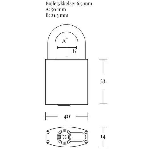 Jasafe hængelås 40 mm m/høj hærdet bøjle messing