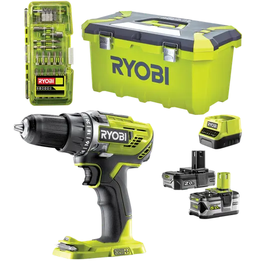 Ryobi R18DD3-252T akku bore-/skruemaskine 1x2,0+1x5,0 Ah 18V ONE+ inkl. 17 dele tilbehør