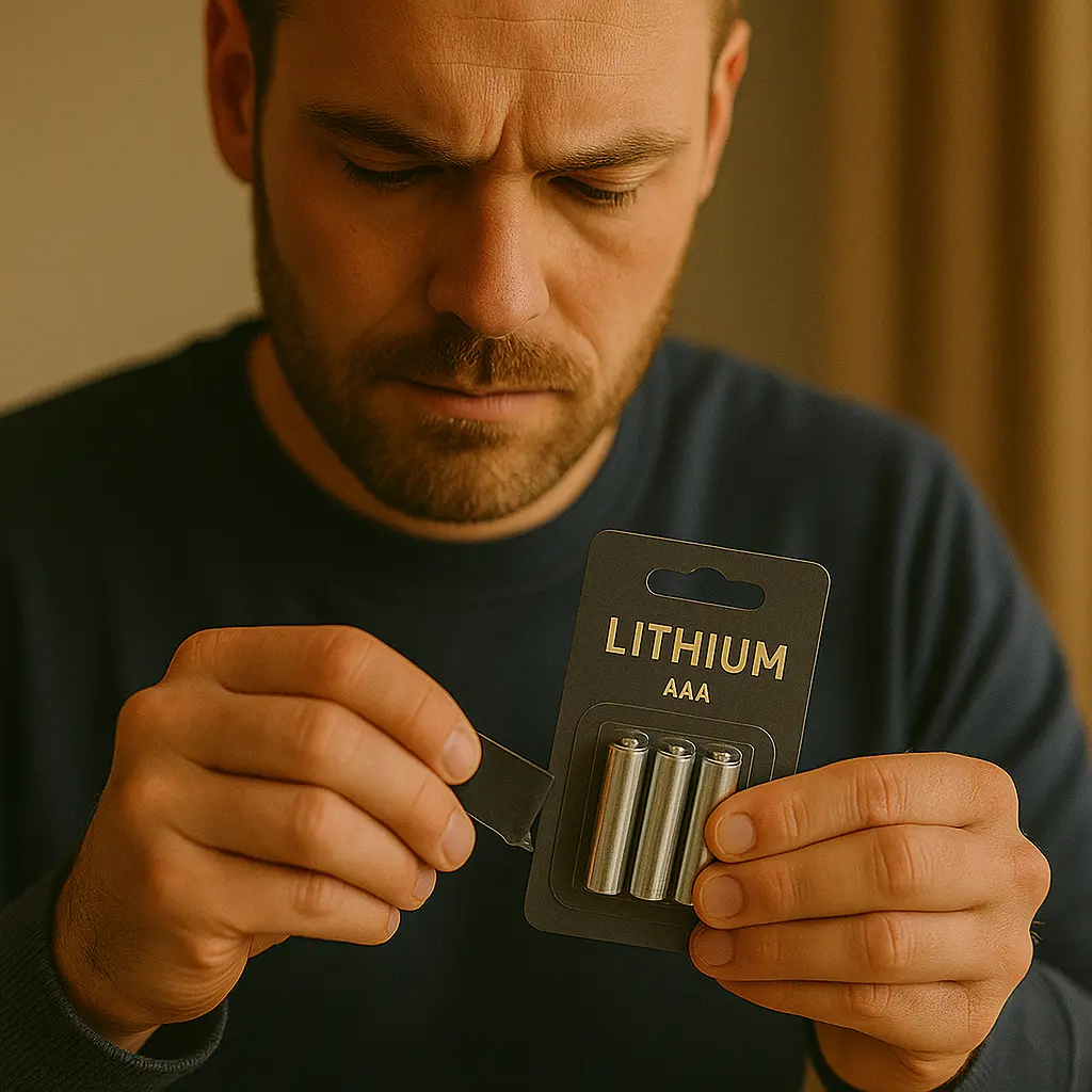 mand åbner pakke med lithiumbatterier