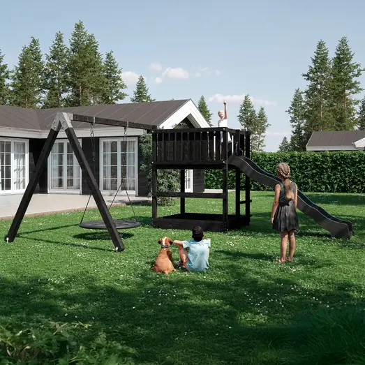 PLUS PLUS Play legetårn inkl. gyngestativ, gråsort rutsjebane og sort redegynge