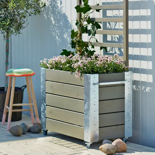 Plus Cubic blomsterkasse med espalier og hjul 87x50 cm gråbrun