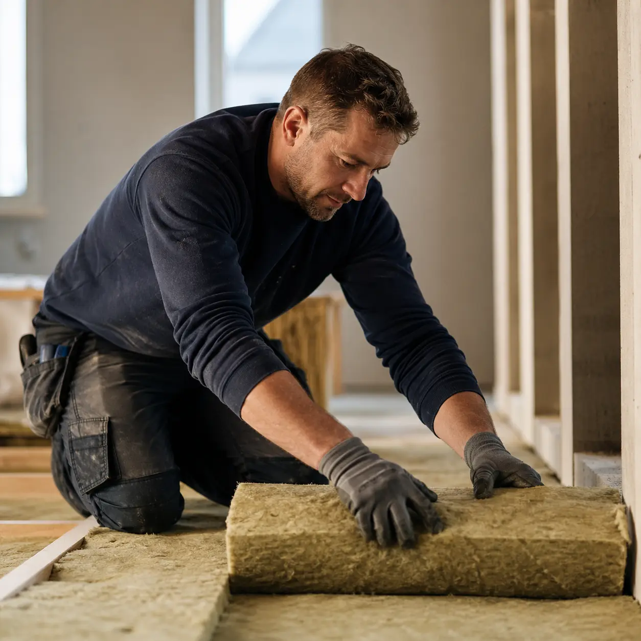 gulv isoleres med mineraluld