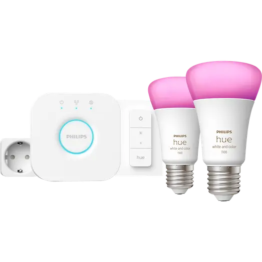 Philips Hue startsæt E27 2-pak m/Hue bridge/smart plug/Dimmer switch