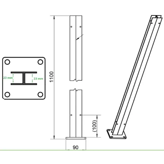 H-stolpe m/fod varmgalvaniseret 23 mm sporbredde