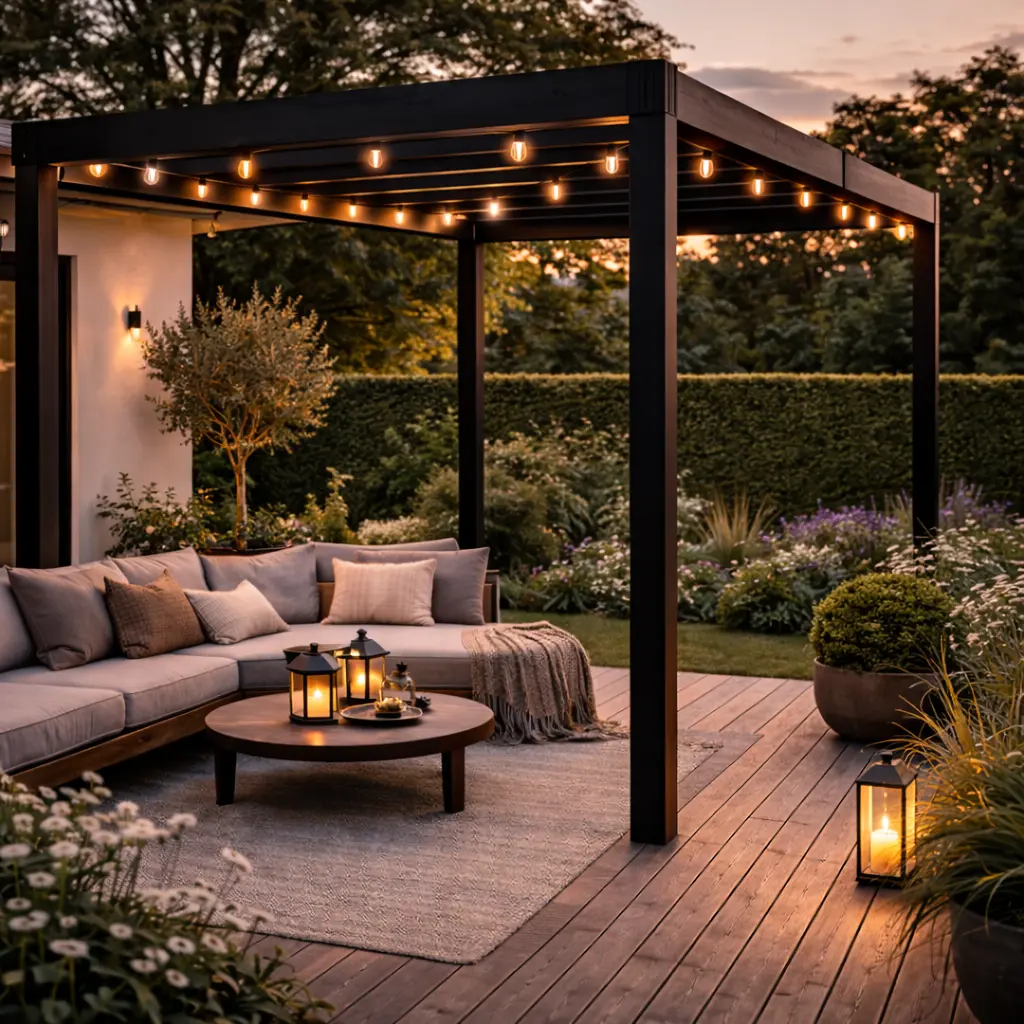 terrasse med sort pergola