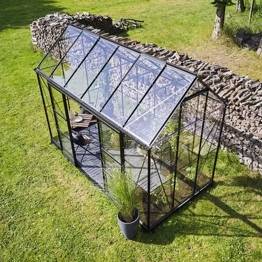 Halls ICON Planthouse 6 7,3 m² sort m/3 mm hærdet glas og fundament
