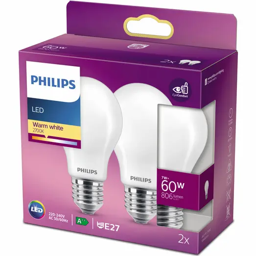 Philips Standard LED pære E27 60W 2 pack