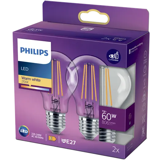 Philips Standard LED pære E27 60W 2 pack
