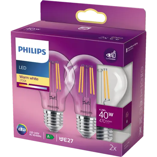 Philips Standard LED pære E27 40W 2 pack