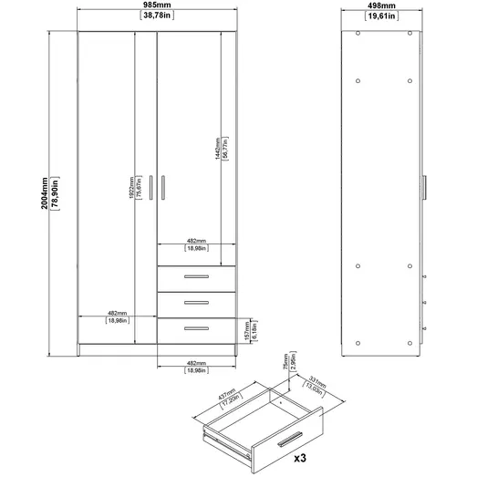 Sprint garderobeskab m/2 låger og 3 skuffer mat grå