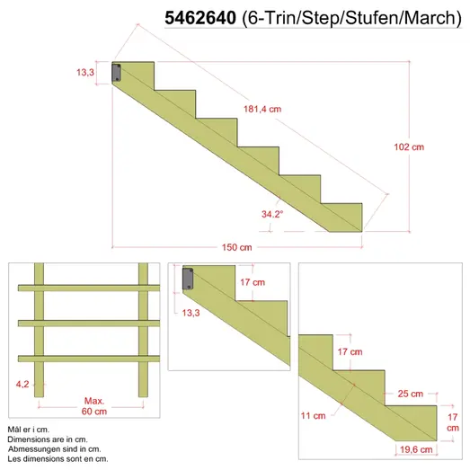 Plus 34,2° Trappevange 6 trin m/beslag  Trindybde 25 cm