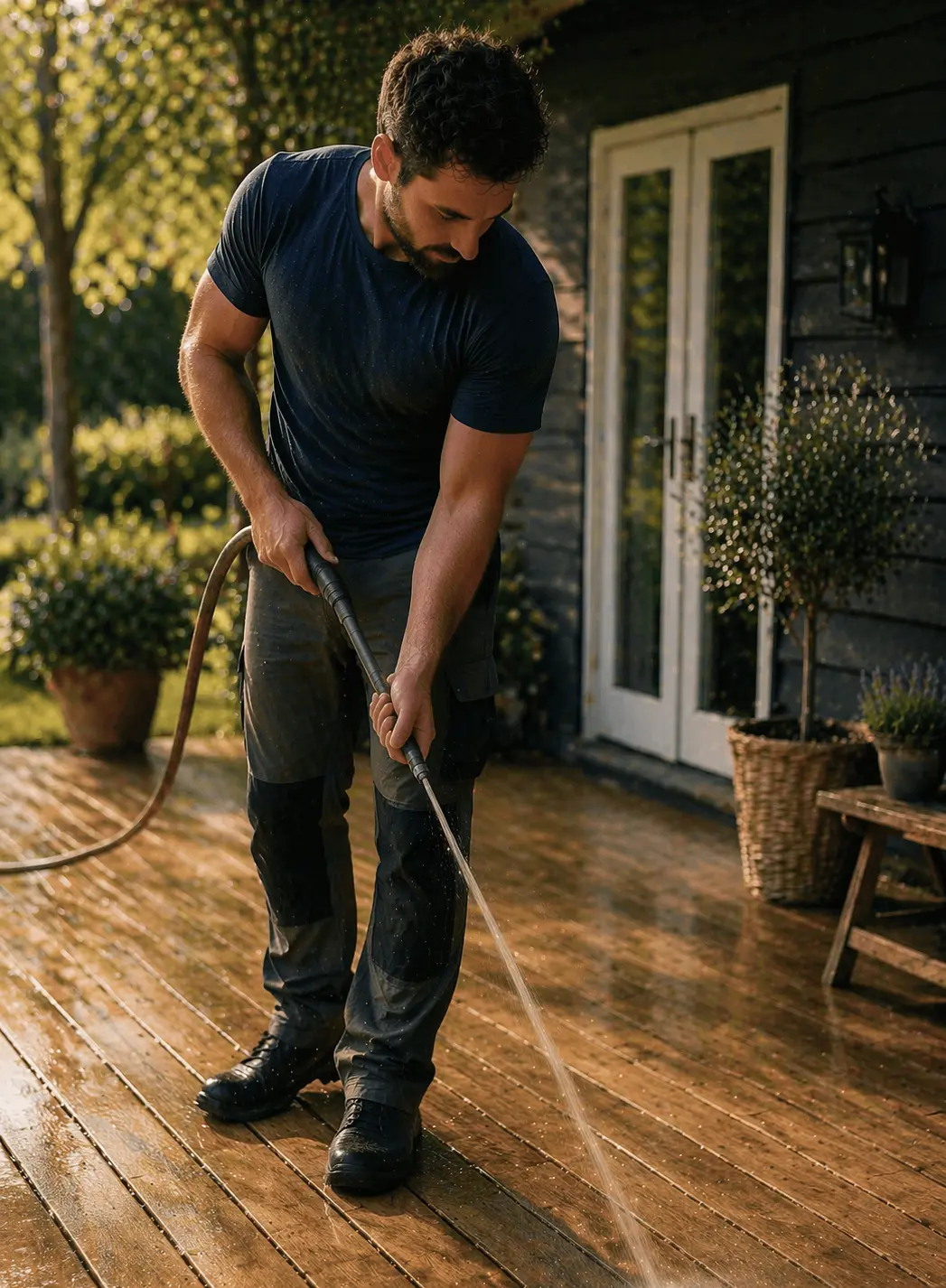 terrasse skylles med haveslange