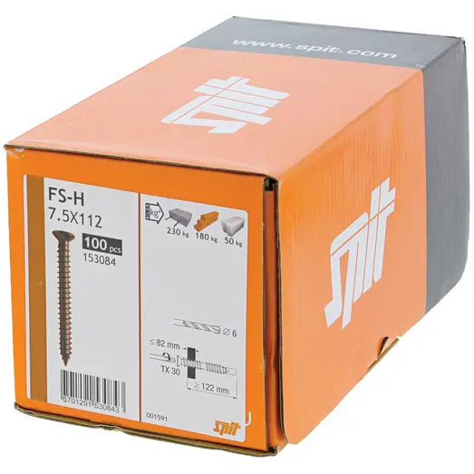 Spit FS-H karmankerskrue  m/hoved 7,5 mm TX30 elforzinket 100 stk.