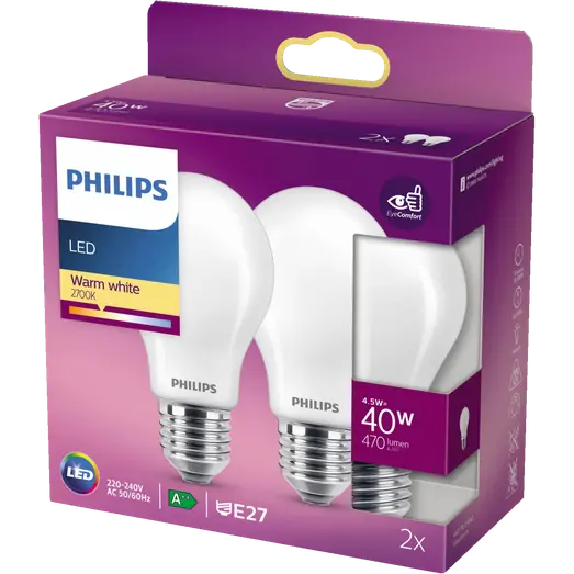 Philips Standard LED pære E27 40W 2 pack