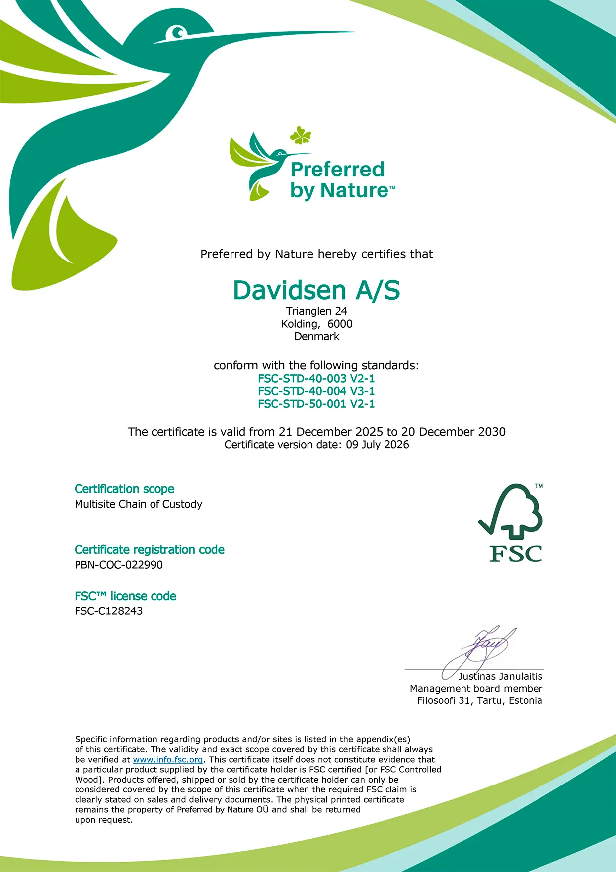 FSC-Certifikat - DAVIDSEN