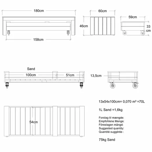 PLUS Fun sandkasse m/hjul og bænk 180 cm