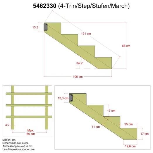 Plus 34,2° Trappevange 4 trin m/beslag  Trindybde 25 cm