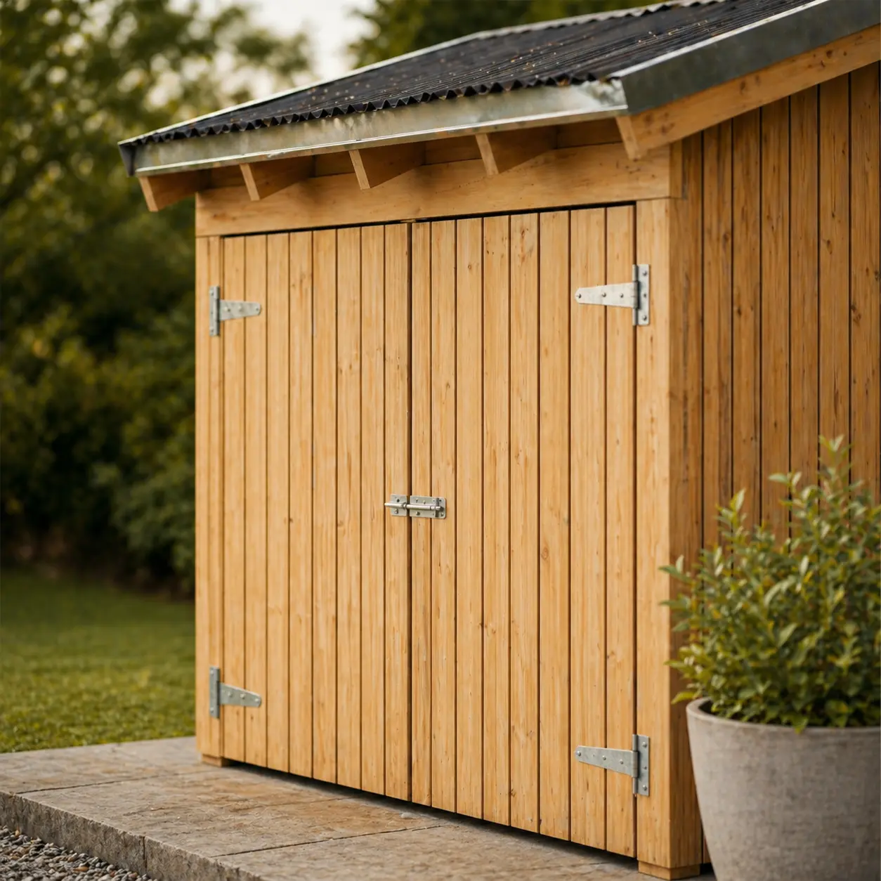 skur med lodret træbeklædning