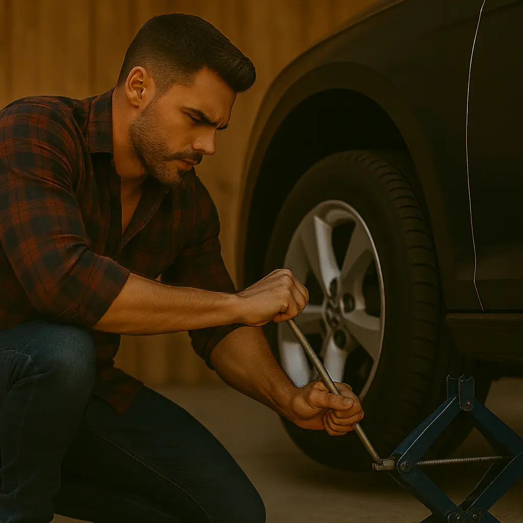 mand løfter bil op med saksedonkraft