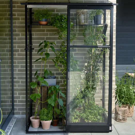 Halls Qube Lean-To 24 vægdrivhus sort med hærdet glas 0,8 m²