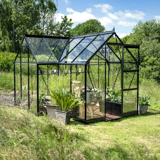 Halls ICON Gardenhouse 6 8,6 m² sort m/3 mm hærdet glas og fundament