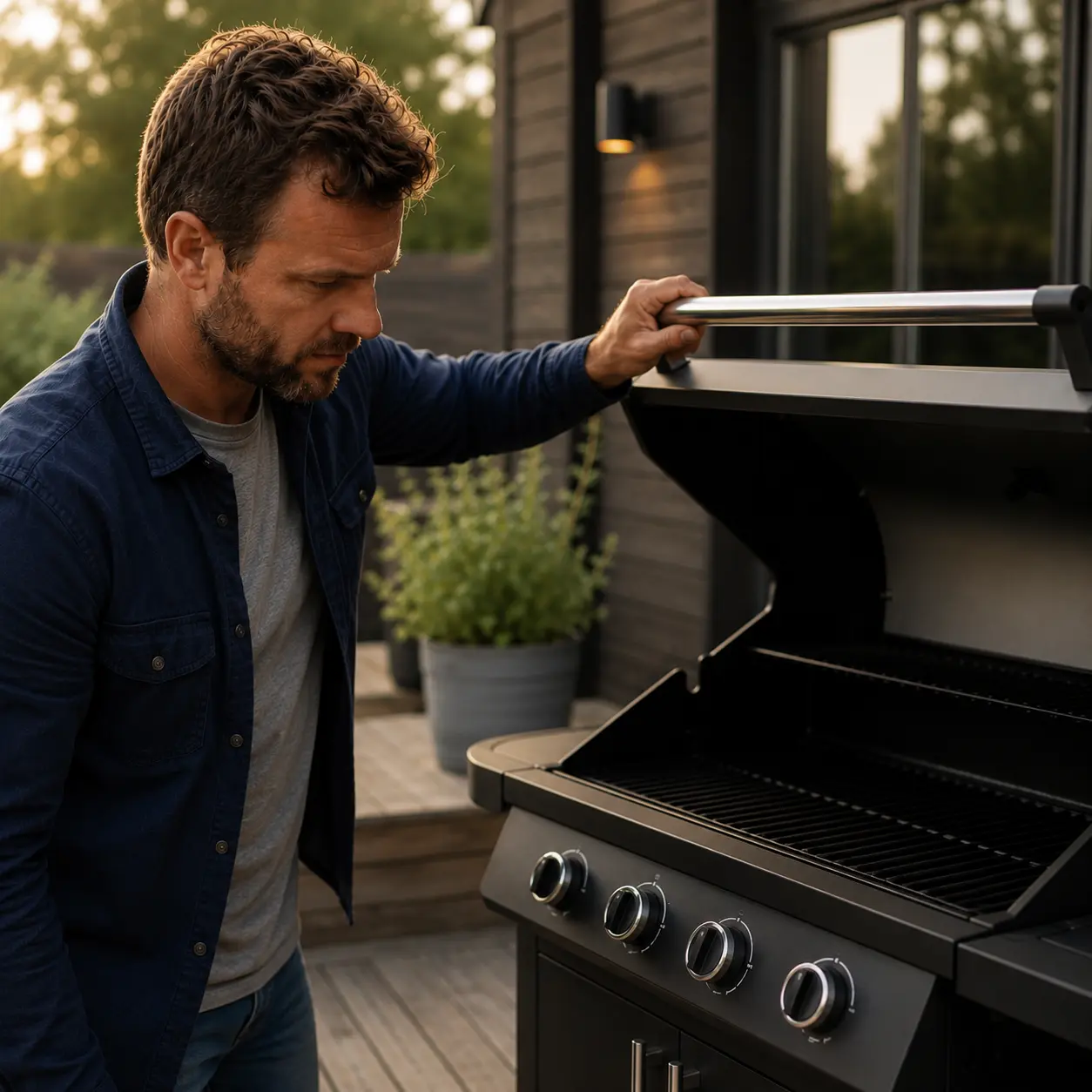 låg på gasgrill åbnes