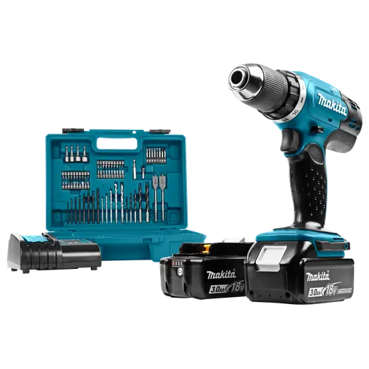 Makita DDF453SFX1 18V LXT bore/skruemaskine 2x3.0 Ah inkl. 75 dele tilbehør