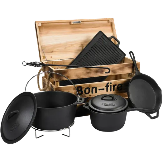 Bon-fire støbejernssæt i trækasse