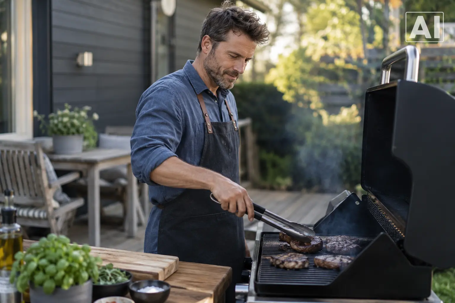 mand vender bøffer på grill