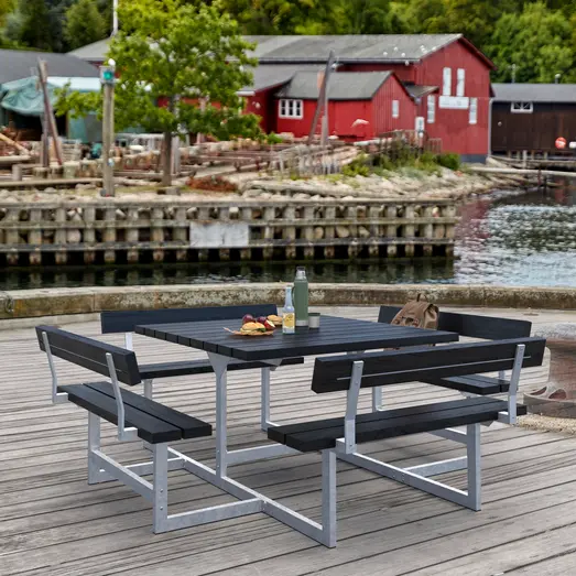 PLUS Picnic Bord/Bænkesæt m/4 ryglæn 224 cm RePlast Sort