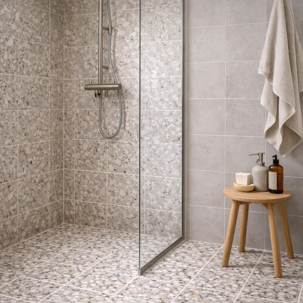 badeværelse med keramiske terrazzofliser