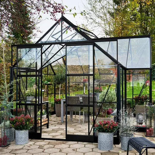 Halls ICON Gardenhouse 8  9,7m² sort m/3 mm hærdet glas og fundament